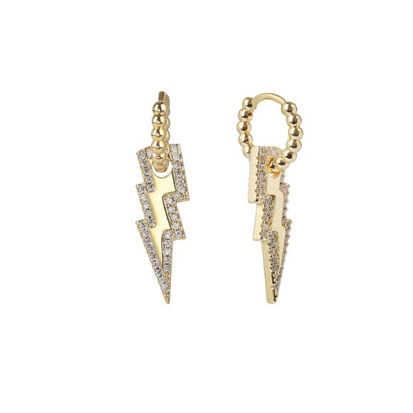 Gold Plated Micro Pave Lightning Bolt, CZ Cubic Zirconia Dangle Drop Earring - Picture 3 of 4
